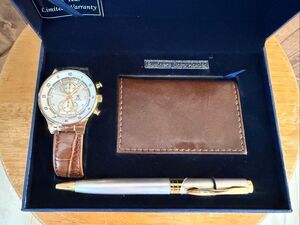 Bella & Rose Men’s Watch Pen & Business Card Holder Gift Set Brown Gold Tone (91